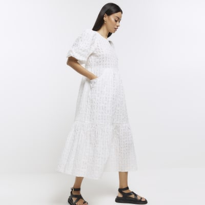 White textured puff sleeve smock midi dress | River Island