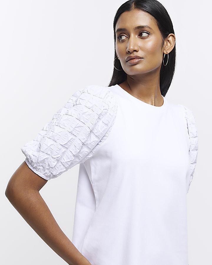 White textured puff sleeve t-shirt mini dress
