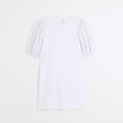 White textured puff sleeve t-shirt mini dress
