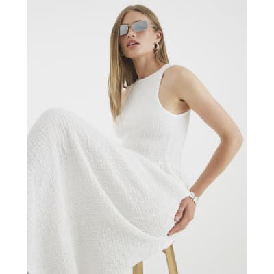 White Textured Sleeveless Shirred Midi Dress