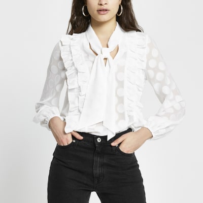 White textured tie front bow blouse top River Island