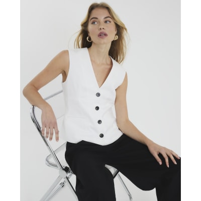 White V Neck Button Front Waistcoat River Island