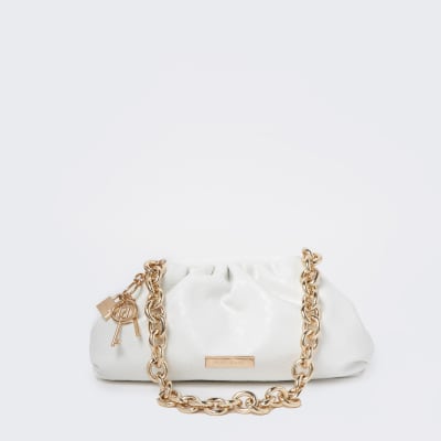 ruched bag with gold chain