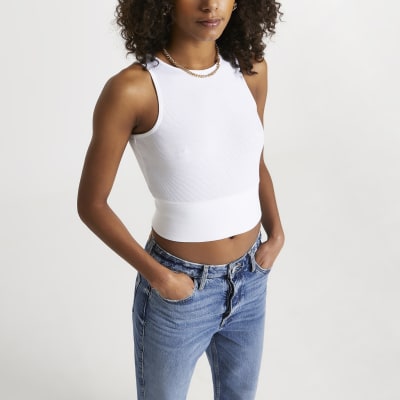 White wide band 90s rib crop top