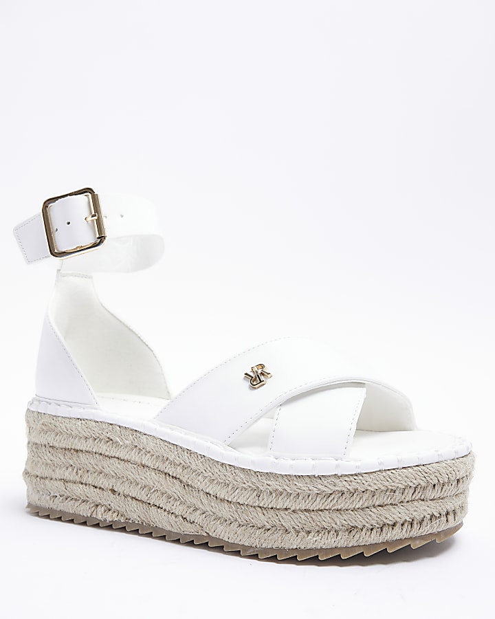 White wide espadrille flatform sandals
