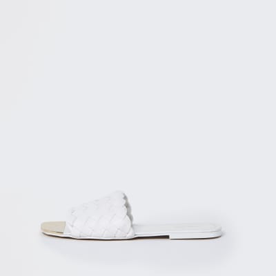 White wide fit woven flat sandal