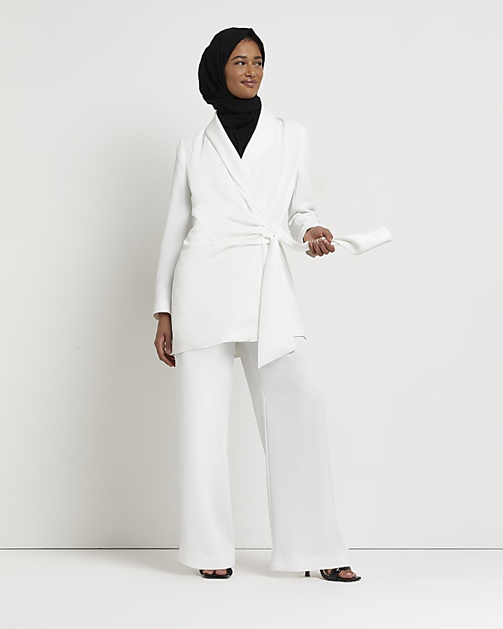White wide leg pleated trousers