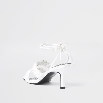 White woven weave kitten heel sandal