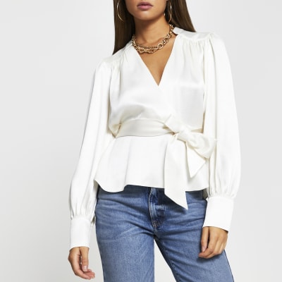 white long sleeve wrap top