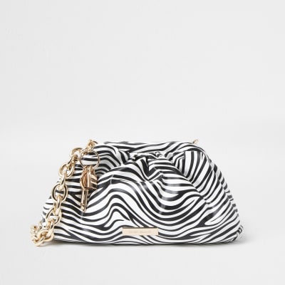 White zebra print chunky chain ruched handbag | River Island