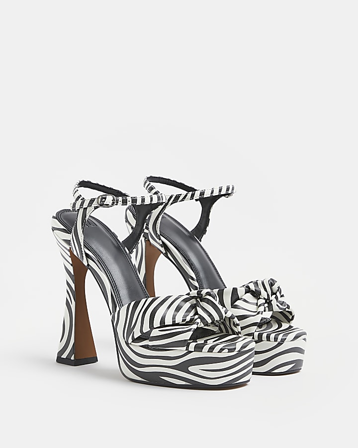 White zebra print knot detail platform heels