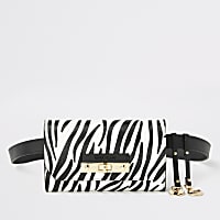 White zebra print lock front belted bum bag