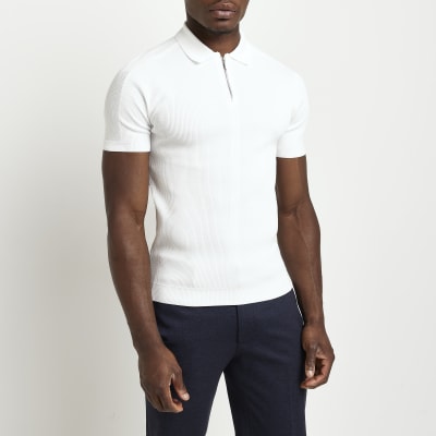 White Zip Front Short Sleeve Polo Shirt River Island