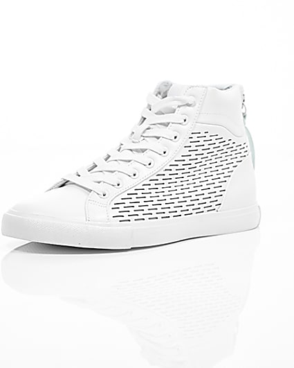 360 degree animation of product White zip heel hi top trainers frame-0
