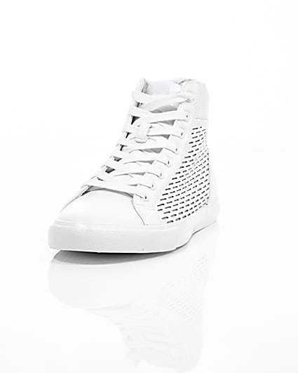 360 degree animation of product White zip heel hi top trainers frame-2