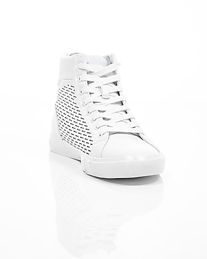 360 degree animation of product White zip heel hi top trainers frame-5