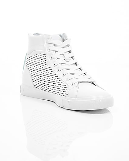 360 degree animation of product White zip heel hi top trainers frame-6
