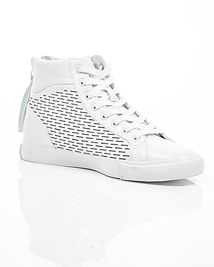 360 degree animation of product White zip heel hi top trainers frame-7