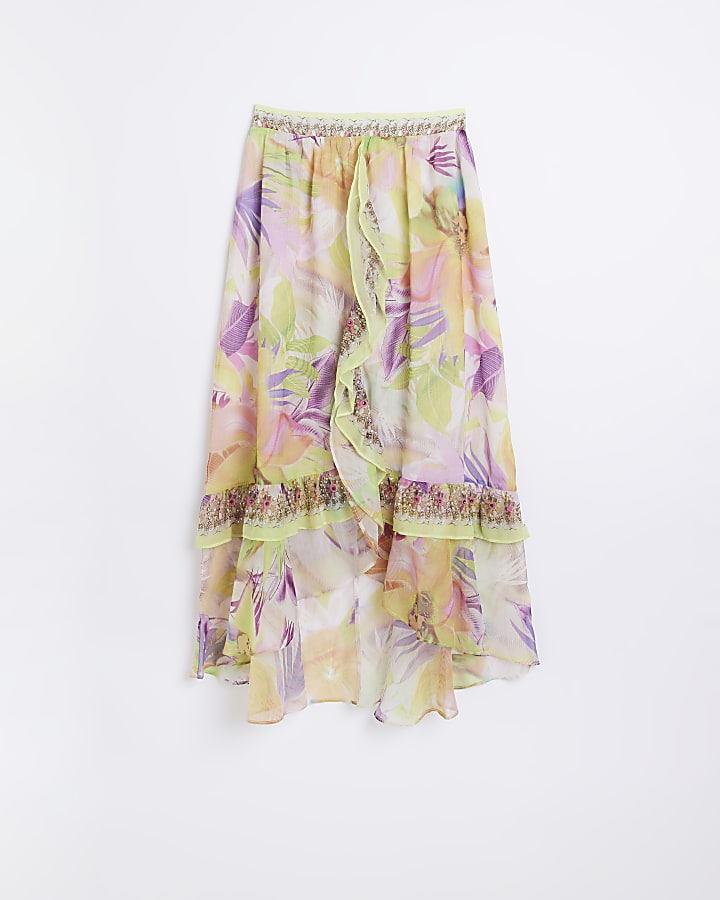 Yellow  floral frill detail maxi skirt