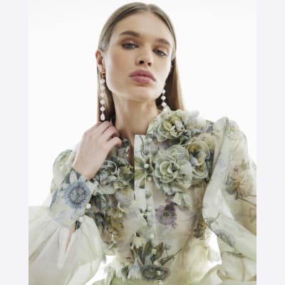 Yellow 3D Floral Trimmed Blouse