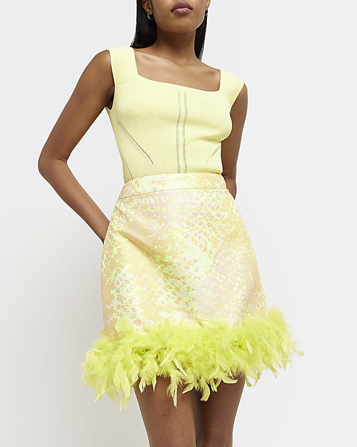 Yellow animal print feather mini skirt
