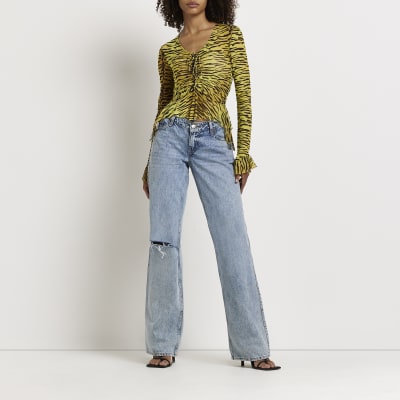 Yellow Animal Print Mesh Top River Island