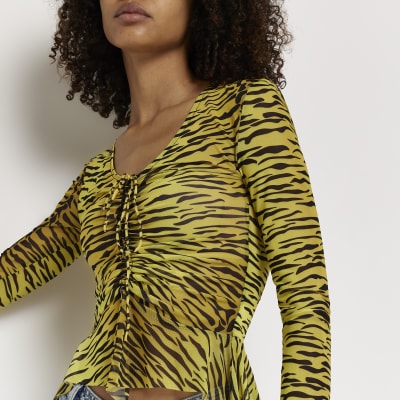 Yellow Animal Print Mesh Top River Island