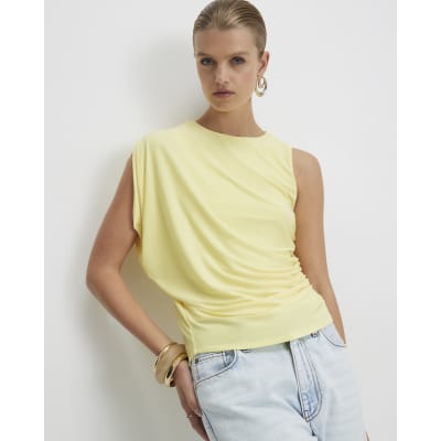 Yellow Asymmetric Drape Ruched Top