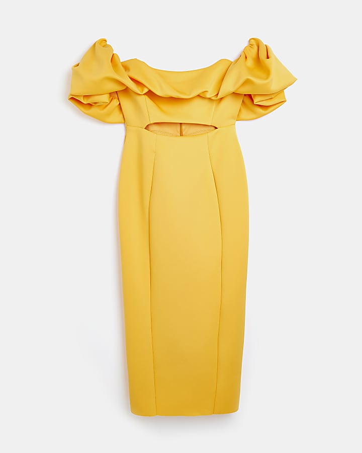 Yellow bardot bodycon midi dress
