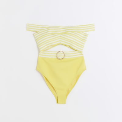 Yellow bardot cut out swimsuit River Island