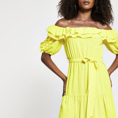 Yellow bardot frill midi dress