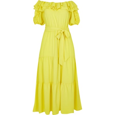 Yellow bardot frill midi dress