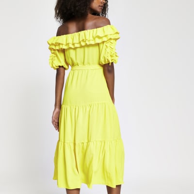 Yellow bardot frill midi dress
