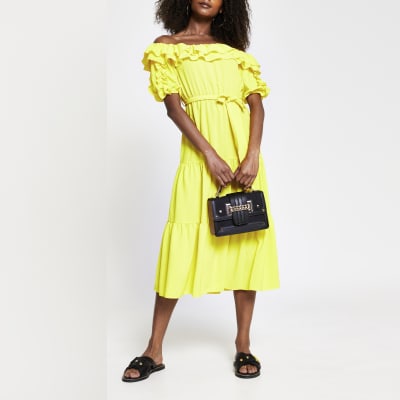Yellow bardot frill midi dress