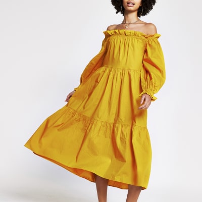 Yellow bardot maxi puff dress | River Island