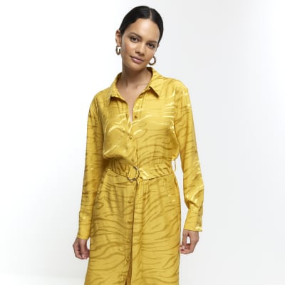 Yellow belted midi shirt dress | River Island