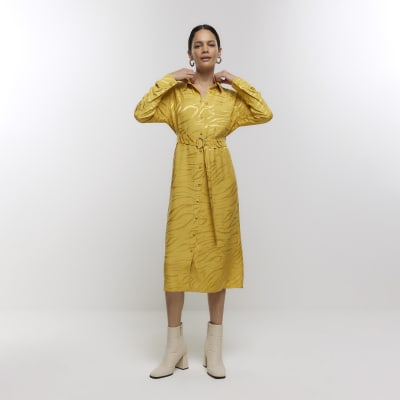 Yellow belted midi shirt dress | River Island