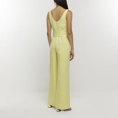 Yellow belted wide leg jumpsuit River Island