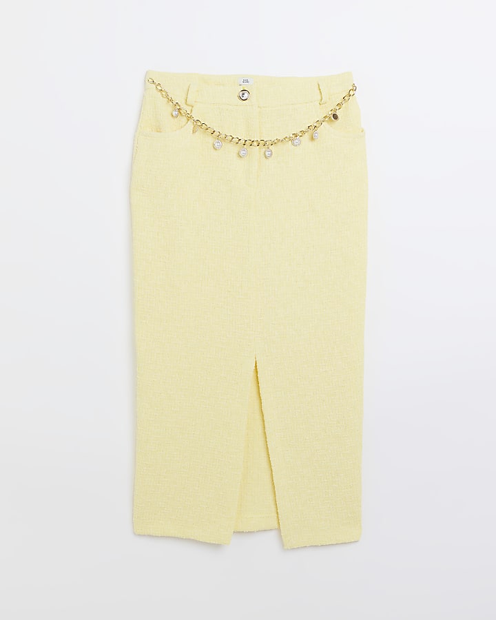 Yellow boucle belted pencil midi skirt