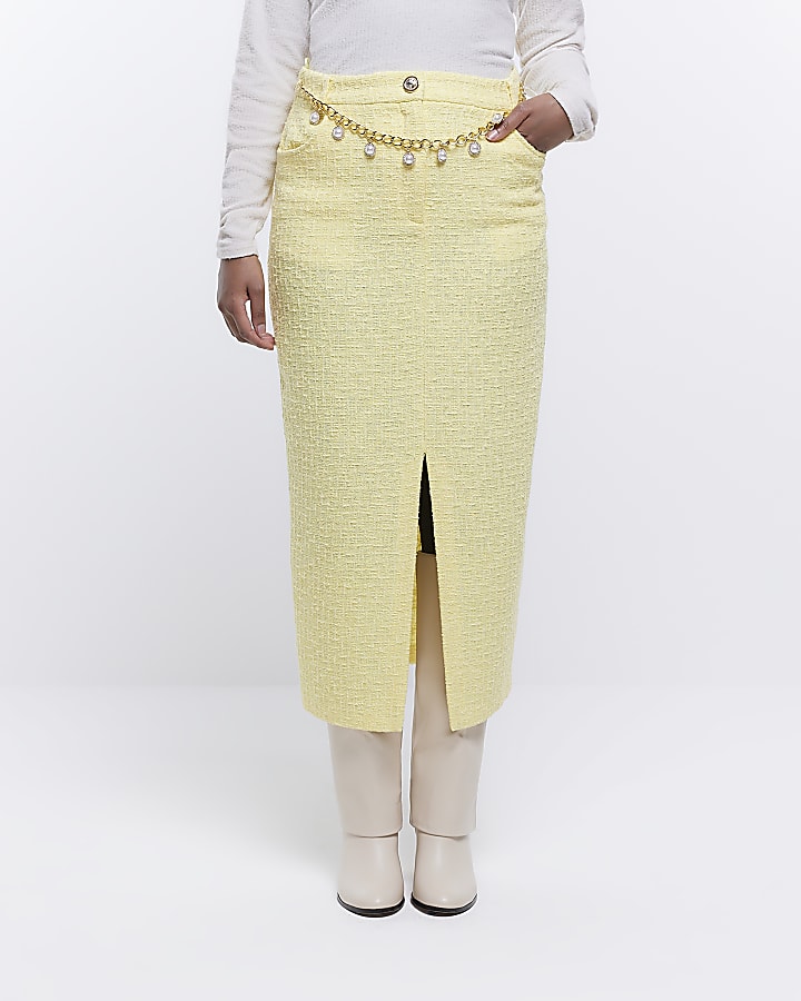 Yellow boucle belted pencil midi skirt