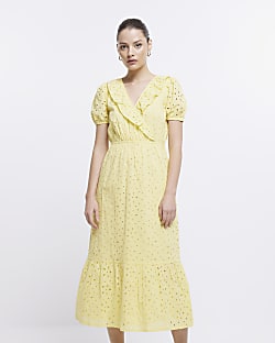 Yellow Brodeire Wrap Midi Dress