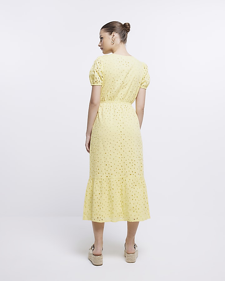 Yellow Broderie Wrap Midi Dress
