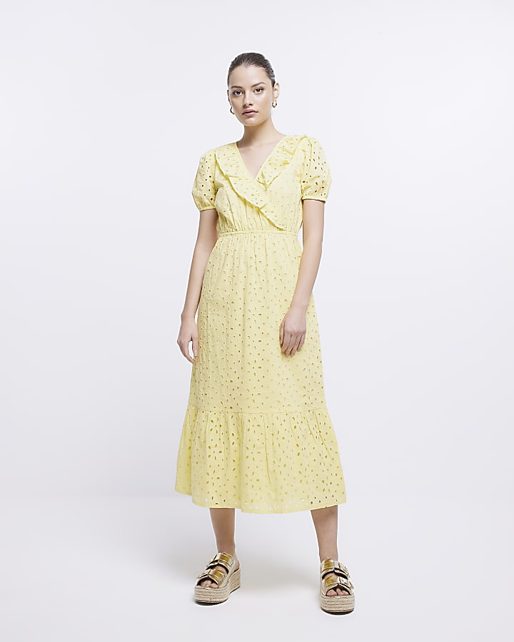 Yellow Broderie Wrap Midi Dress