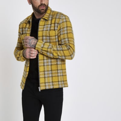 Yellow check zip up shacket