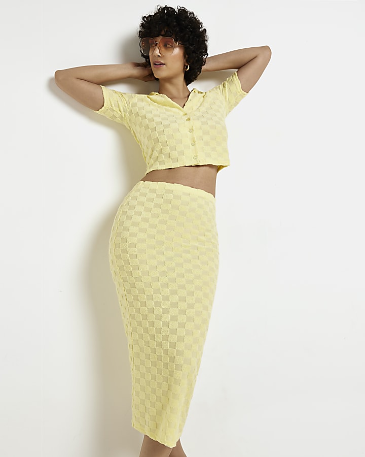 Yellow checkerboard midi skirt