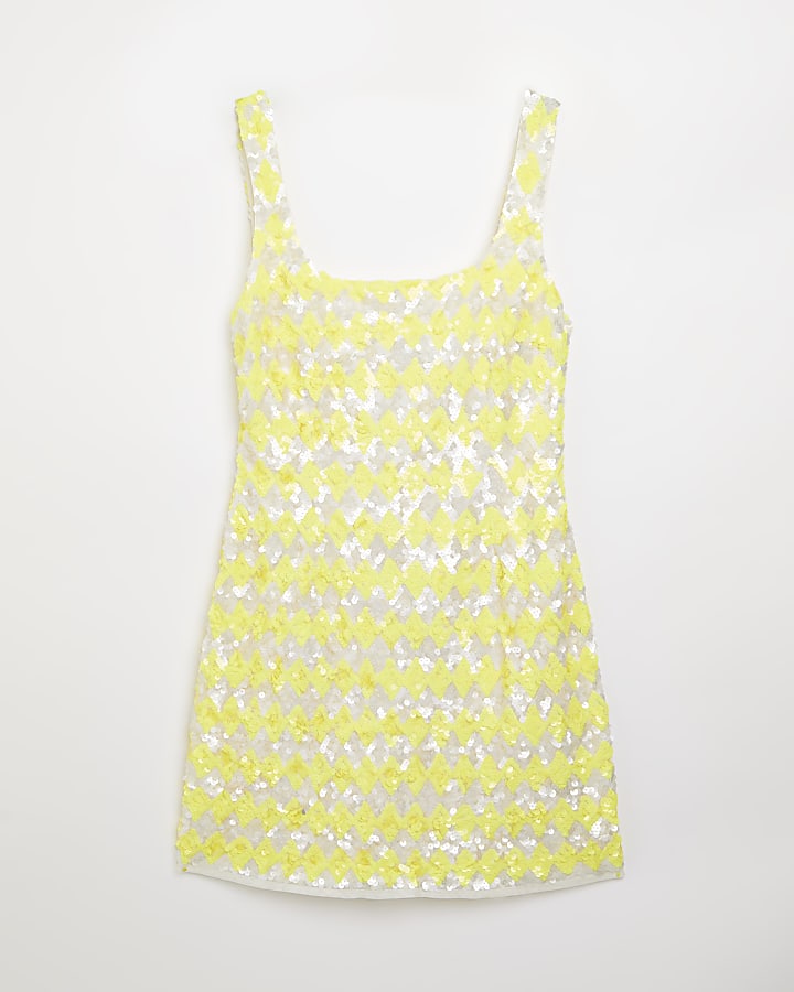 Yellow checkerboard sequin bodycon mini dress