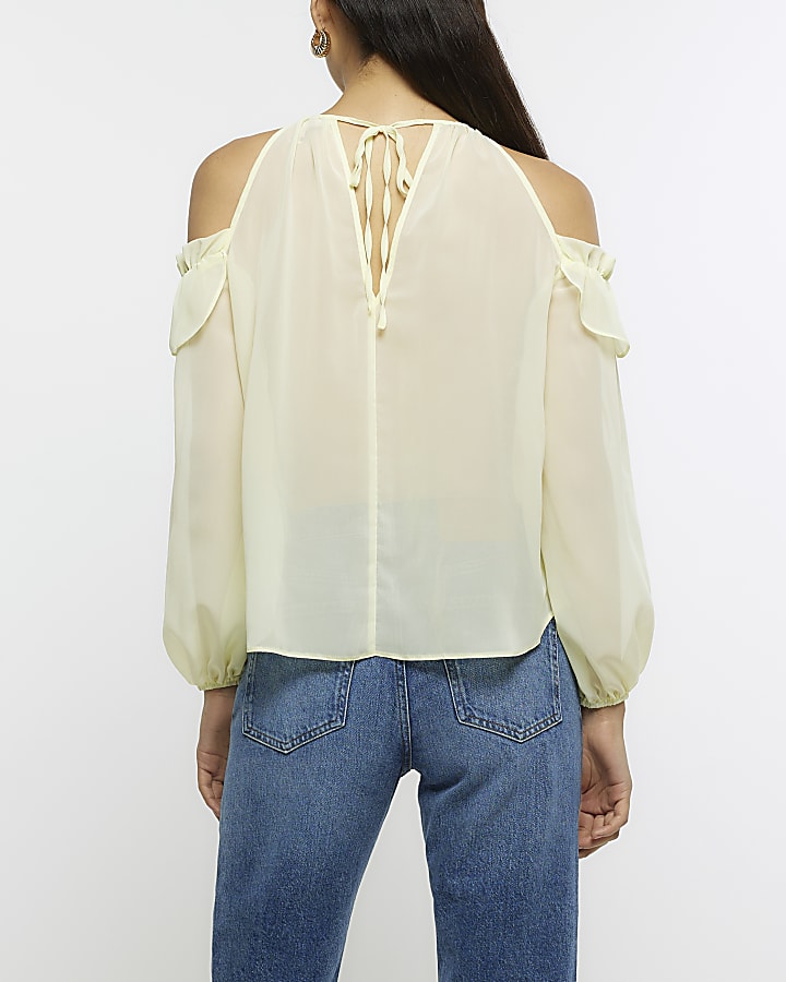 Yellow cold shoulder corsage blouse