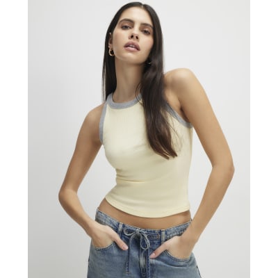 Yellow Cotton Blend Sleeveless Rib Tank Top | River Island