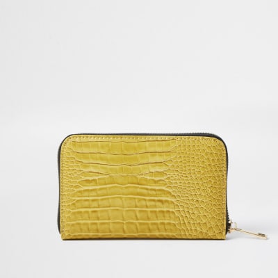 Yellow croc RI enamel zip around mini purse