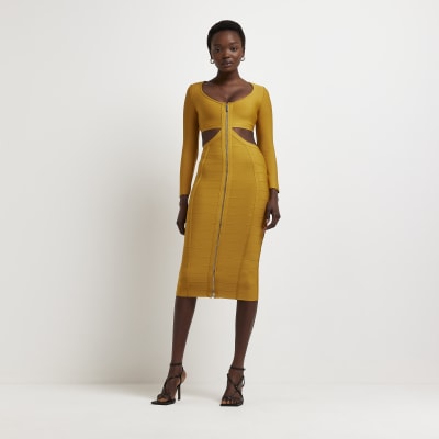 Yellow cut out zip midi bodycon dress